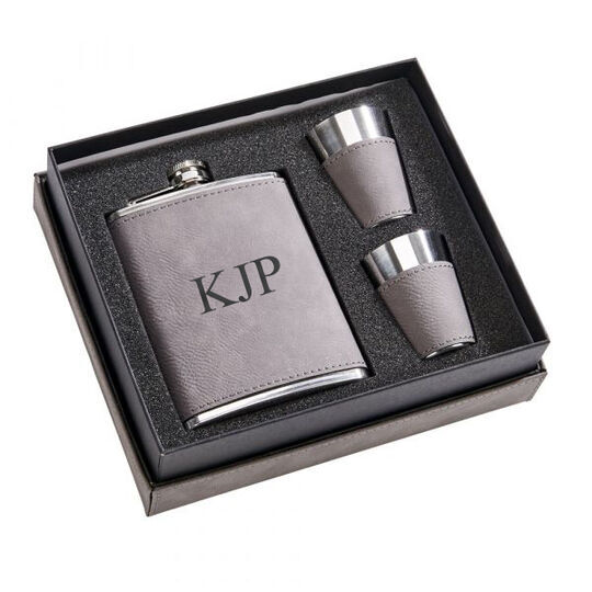 Grey Leatherette Flask and 2 Cups